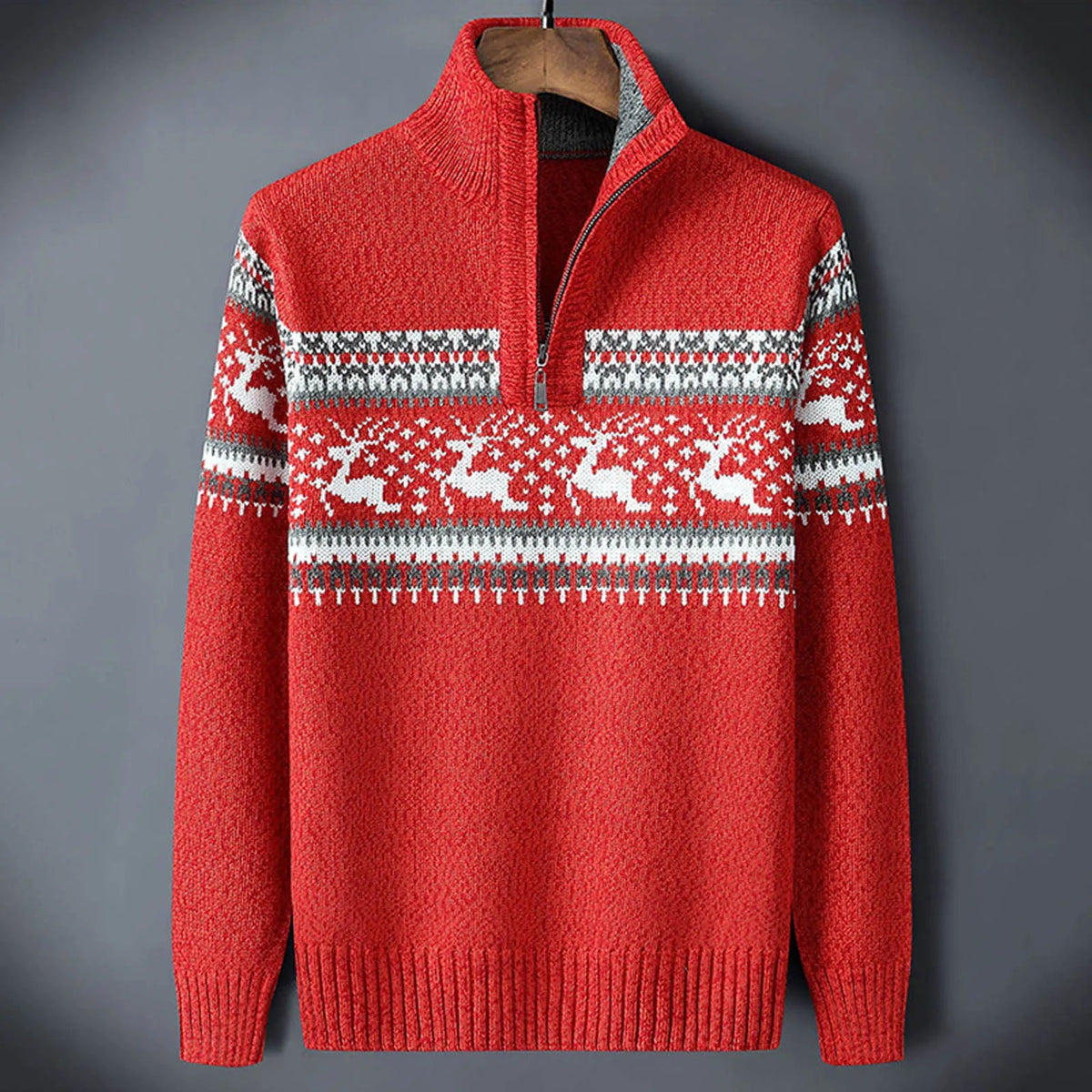 Calico | Fair Isle Trui met Halve Rits voor Heren - Warme Noorse Gebreide Sweater met Opstaande Kraag & Vintage Winterpatroon Rood
