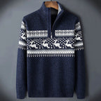 Calico | Fair Isle Trui met Halve Rits voor Heren - Warme Noorse Gebreide Sweater met Opstaande Kraag & Vintage Winterpatroon Blauw