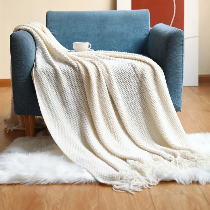 Gebreide Plaid met Kwasten – Zachte Acryl Deken in Merinowol-Look voor Bank & Bed, 9 Kleuren, 127x172 of 130x220 cm Wit