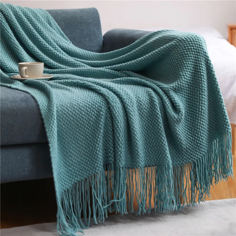 Gebreide Plaid met Kwasten – Zachte Acryl Deken in Merinowol-Look voor Bank & Bed, 9 Kleuren, 127x172 of 130x220 cm Meergroen
