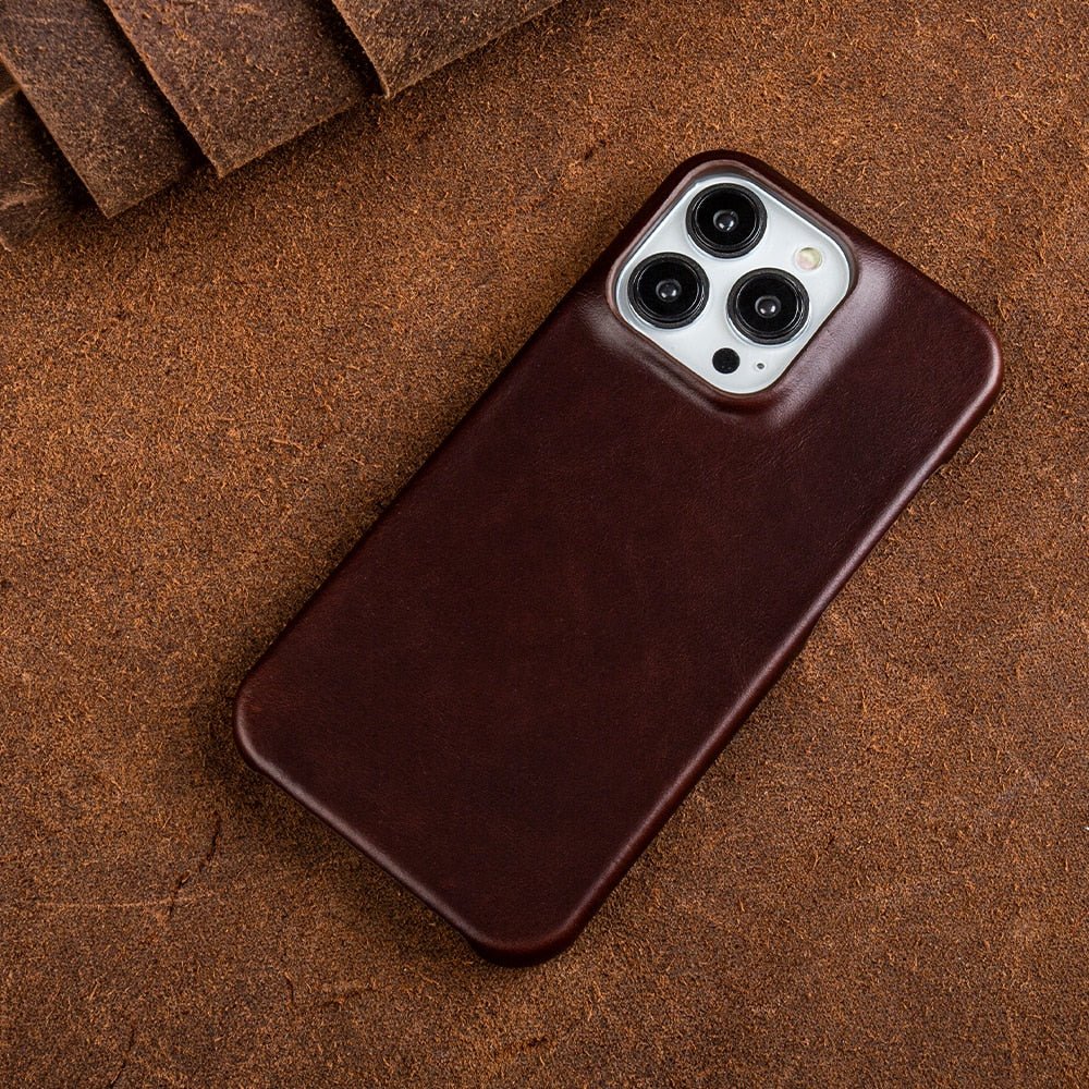 Oliewax Echt-Leren Hoesje Geschikt voor Apple iPhone - Luxe Vintage Lederen Schokbestendige Backcover Telefoonhoes Chocolade