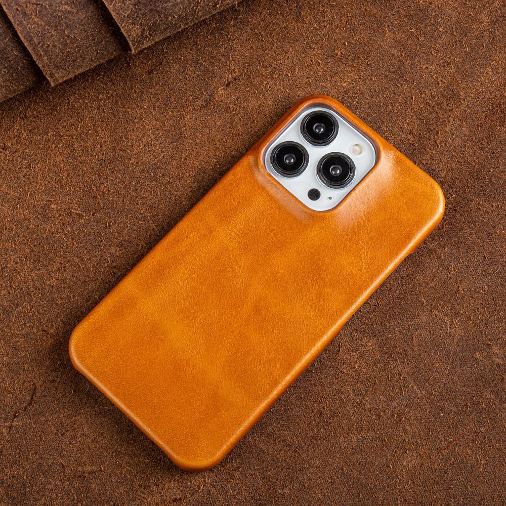 Oliewax Echt-Leren Hoesje Geschikt voor Apple iPhone - Luxe Vintage Lederen Schokbestendige Backcover Telefoonhoes Geel