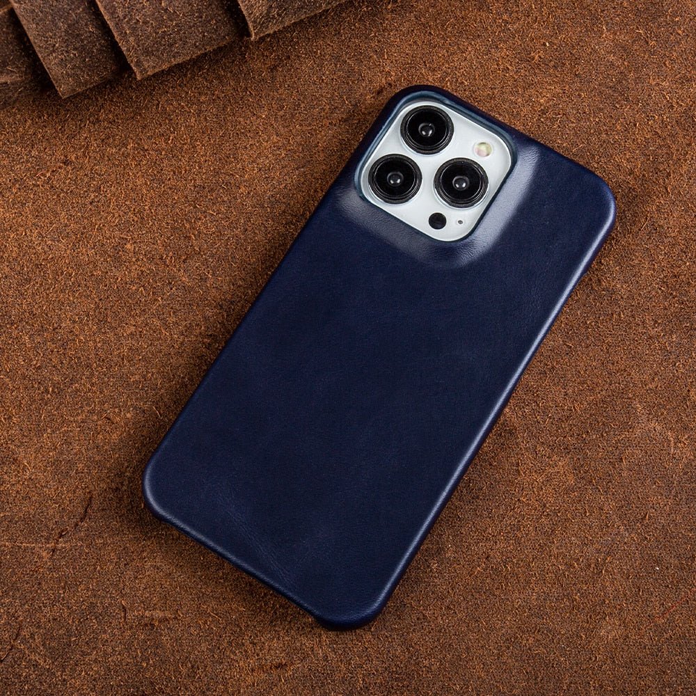 Oliewax Echt-Leren Hoesje Geschikt voor Apple iPhone - Luxe Vintage Lederen Schokbestendige Backcover Telefoonhoes Marineblauw