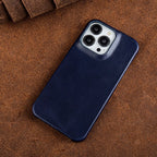 Oliewax Echt-Leren Hoesje Geschikt voor Apple iPhone - Luxe Vintage Lederen Schokbestendige Backcover Telefoonhoes Marineblauw