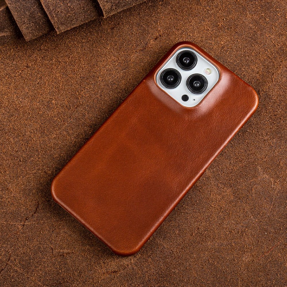 Oliewax Echt-Leren Hoesje Geschikt voor Apple iPhone - Luxe Vintage Lederen Schokbestendige Backcover Telefoonhoes Bruin