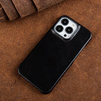 Oliewax Echt-Leren Hoesje Geschikt voor Apple iPhone - Luxe Vintage Lederen Schokbestendige Backcover Telefoonhoes Zwart