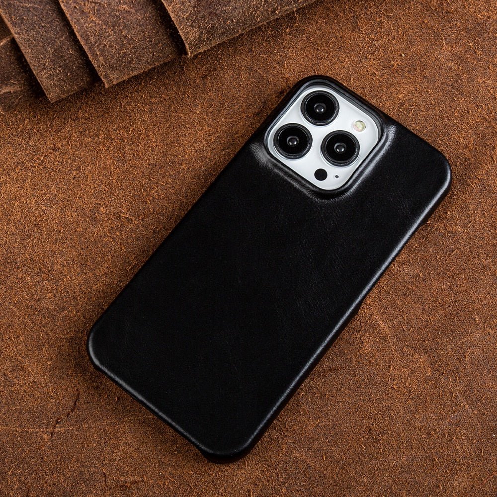 Oliewax Echt-Leren Hoesje Geschikt voor Apple iPhone - Luxe Vintage Lederen Schokbestendige Backcover Telefoonhoes Zwart