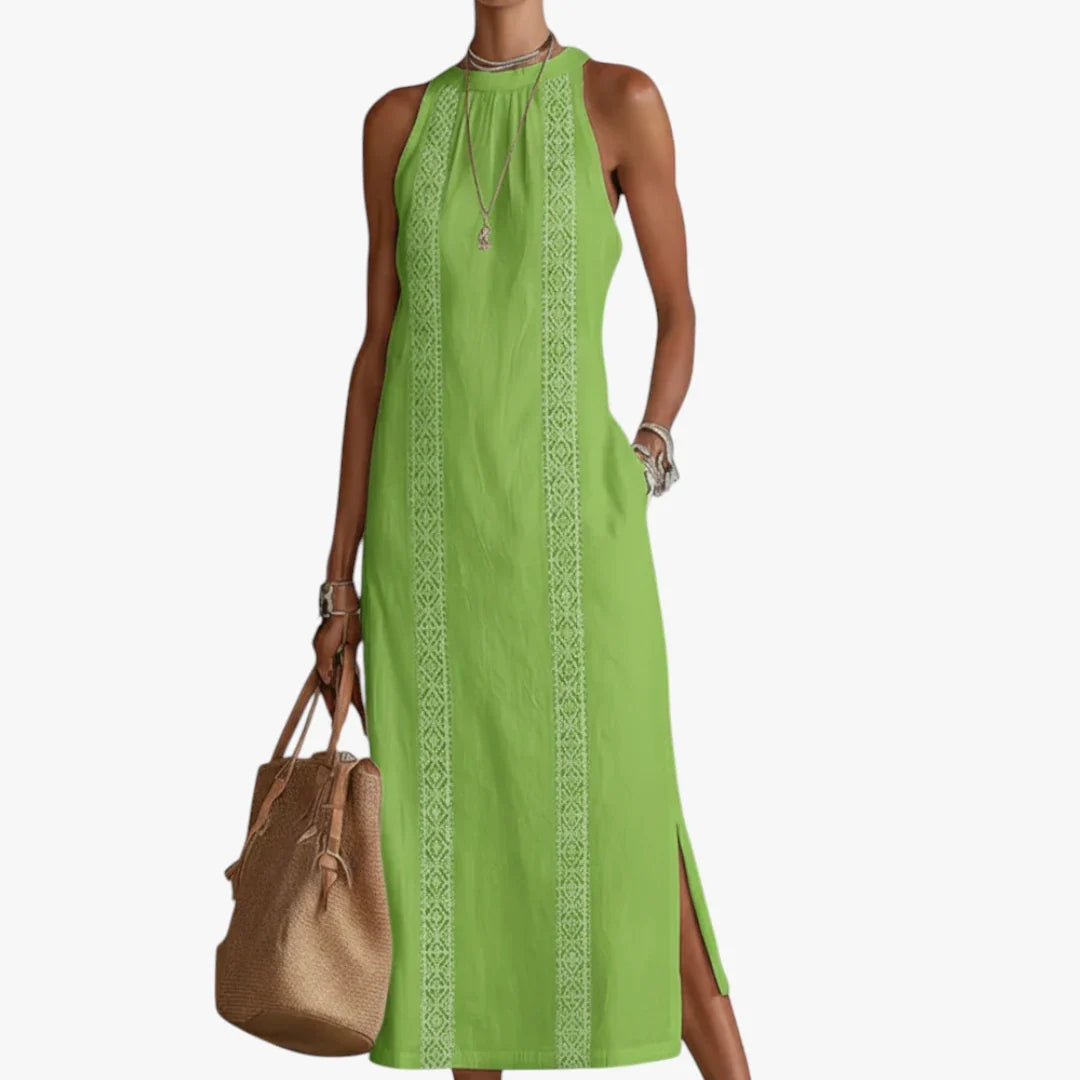 Bersh | Dames Elegante Midi Zomerjurk met Halterneck en Zijzakken Groen